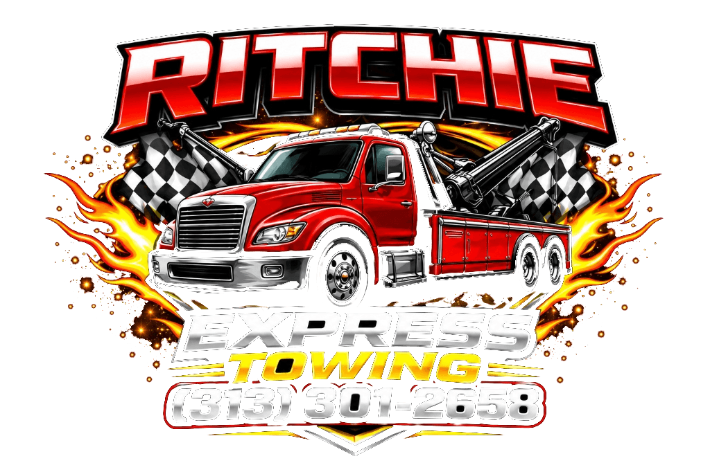 Ritchie Express Towing logo featuring a red tow truck with flame graphics and checkered flags